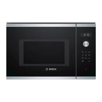 Įmontuojama solo mikrobangų krosnelė Bosch Serie 6 BFL554MS0 — 900 W, 25 L, sukamieji ir lietimui jautrūs valdikliai, nerūdijantis plienas/juoda