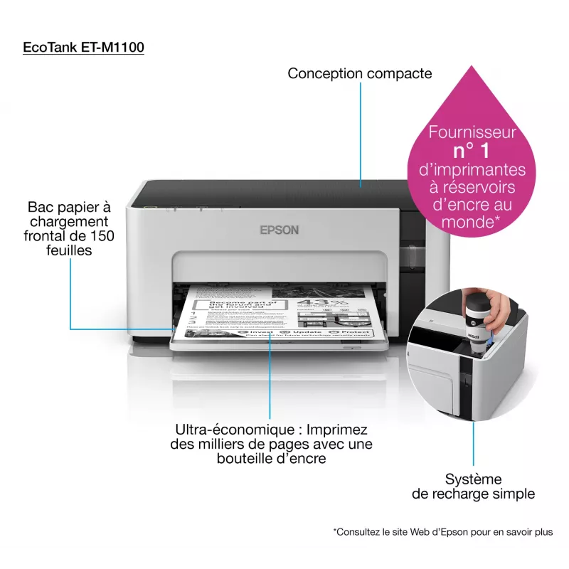 Rašalinis spausdintuvas Epson EcoTank ET‑M1100 — vienspalvis, A4, 32 ppm, 1440×720 dpi, integruota rašalo talpa, USB 2.0, pilka/juoda