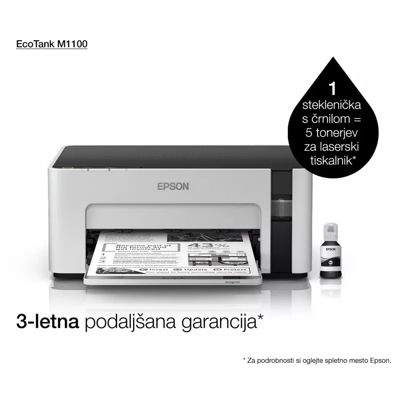 Rašalinis spausdintuvas Epson EcoTank ET‑M1100 — vienspalvis, A4, 32 ppm, 1440×720 dpi, integruota rašalo talpa, USB 2.0, pilka/juoda