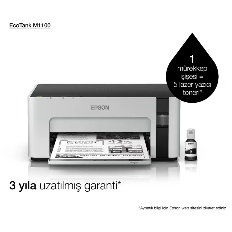 Rašalinis spausdintuvas Epson EcoTank ET‑M1100 — vienspalvis, A4, 32 ppm, 1440×720 dpi, integruota rašalo talpa, USB 2.0, pilka/juoda