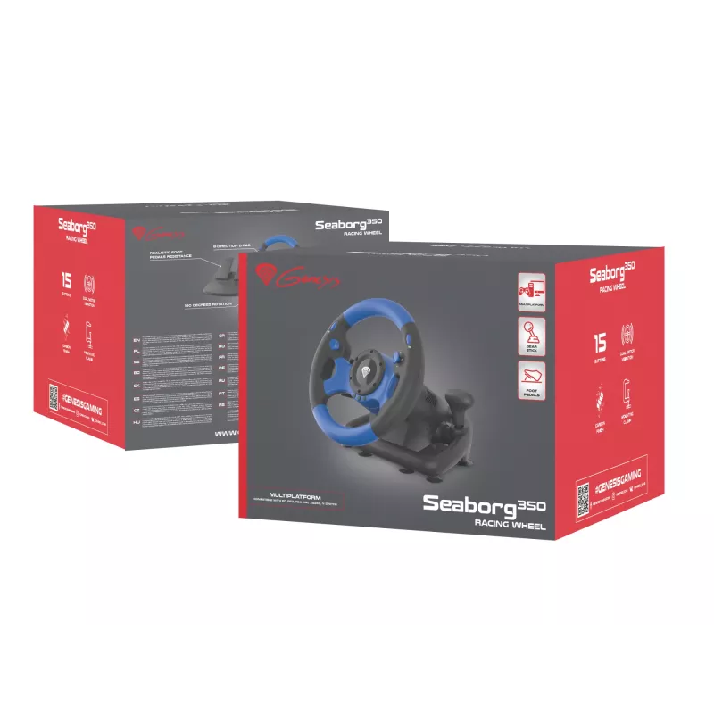GENESIS Seaborg 350 Juoda, Blue USB vairas + pedalai Nintendo Switch, PC, PlayStation 4, Playstation 3, Xbox 360, Xbox One, Xbox Series S, Xbox Series X