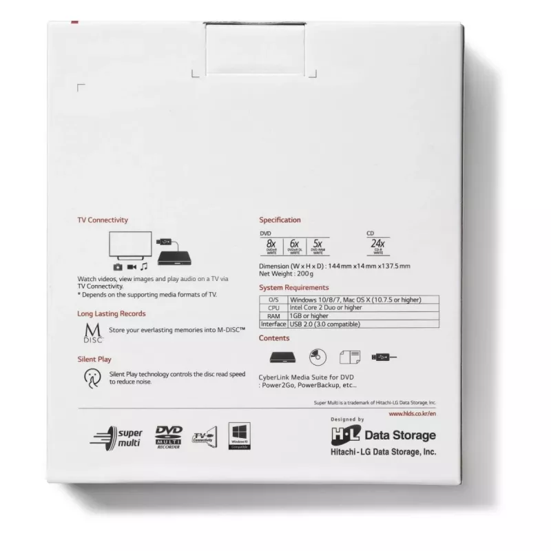 HITACHI-LG DATA STORAGE plonas nešiojamasis DVD įrašytuvas - Gp60nw60 - USB 2.0 - baltas