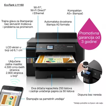 Epson EcoTank L1116 rašalinis spausdintuvas Spalvotas 4800 x 1200 DPI A3 Wi-Fi