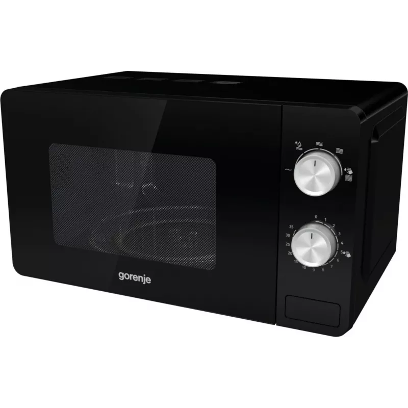 Mikrobangų krosnelė Gorenje MO20E1B — 20 L, 800 W, 5 galios lygiai, 270 mm sukamoji lėkštė, juoda