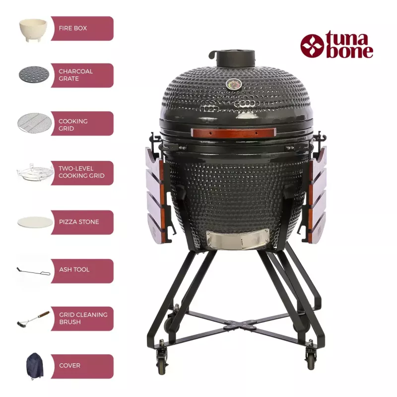 Kamado grilis TUNABONE TunaBone Classic 23 colių (L dydis) keraminio stiliaus anglies grilis, 23 colių kepimo skersmuo, tamsiai pilkas