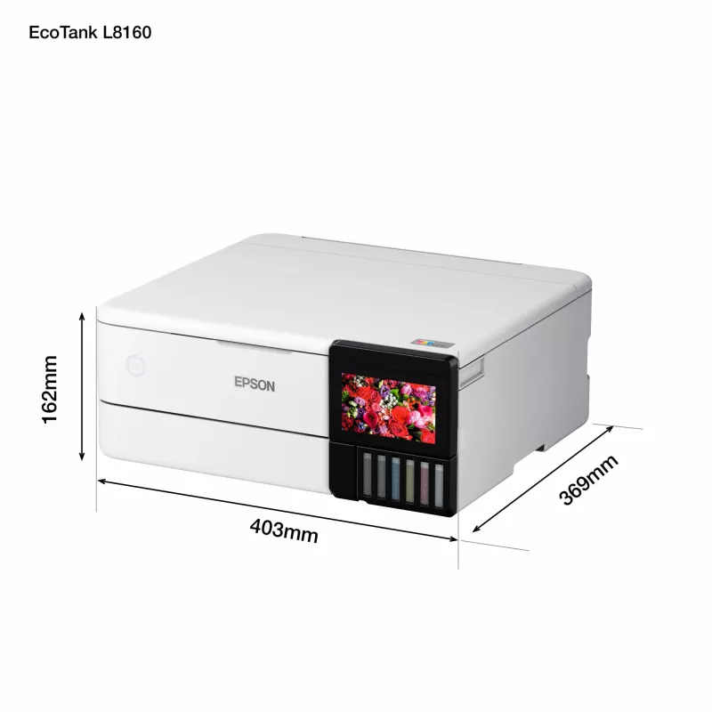 Daugiafunkcinis rašalinis spausdintuvas Epson EcoTank L8160 — spalvotas spausdinimas, 5760x1440 DPI, 32 ppm, A4, „Wi‑Fi“, dvipusis spausdinimas
