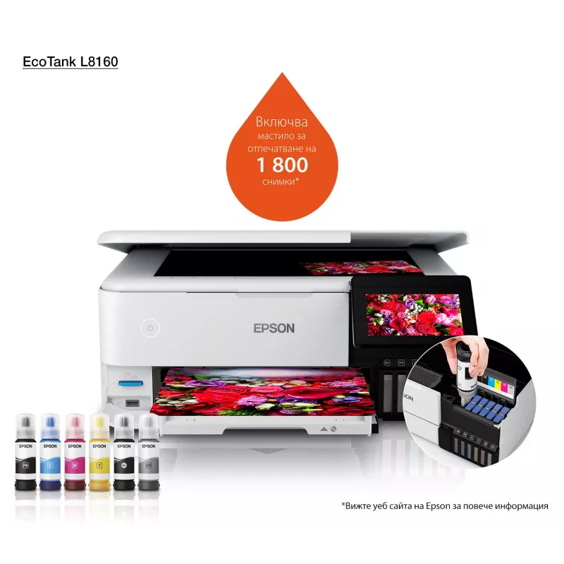 Daugiafunkcinis rašalinis spausdintuvas Epson EcoTank L8160 — spalvotas spausdinimas, 5760x1440 DPI, 32 ppm, A4, „Wi‑Fi“, dvipusis spausdinimas
