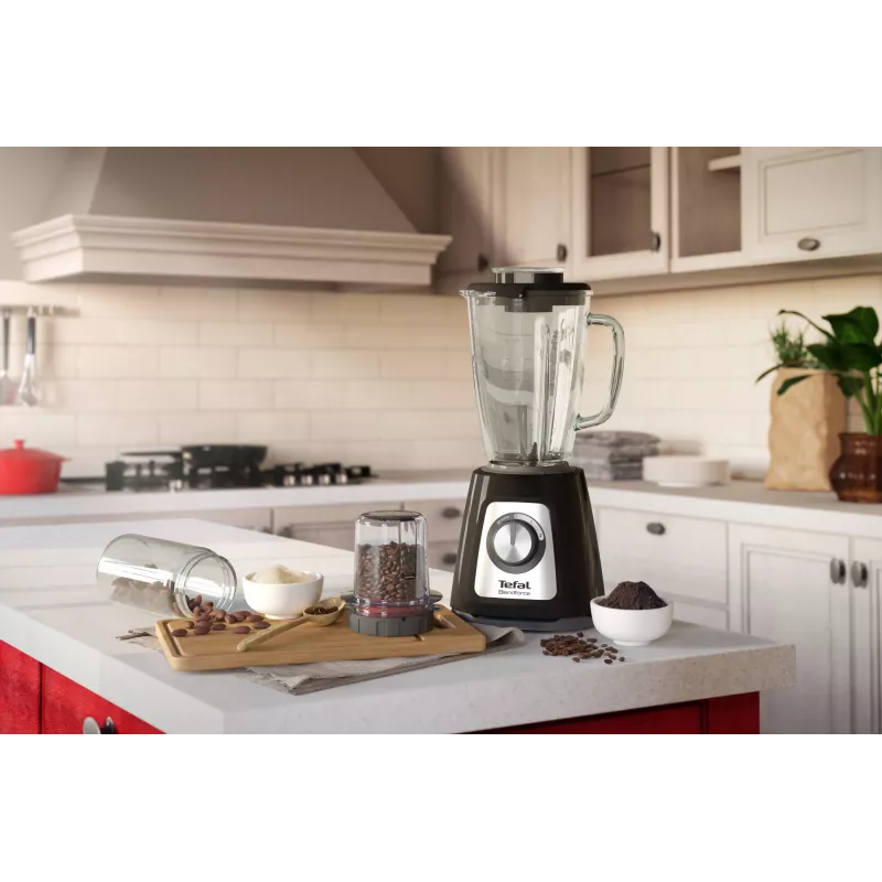 Stalinis trintuvas Tefal BlendForce II BL4388 — 800 W, 1,25 l stiklinis indas, ledo smulkinimas, juoda / šlifuotas plienas