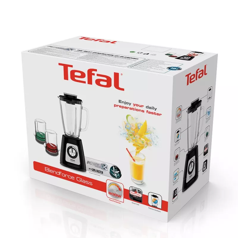 Stalinis trintuvas Tefal BlendForce II BL4388 — 800 W, 1,25 l stiklinis indas, ledo smulkinimas, juoda / šlifuotas plienas
