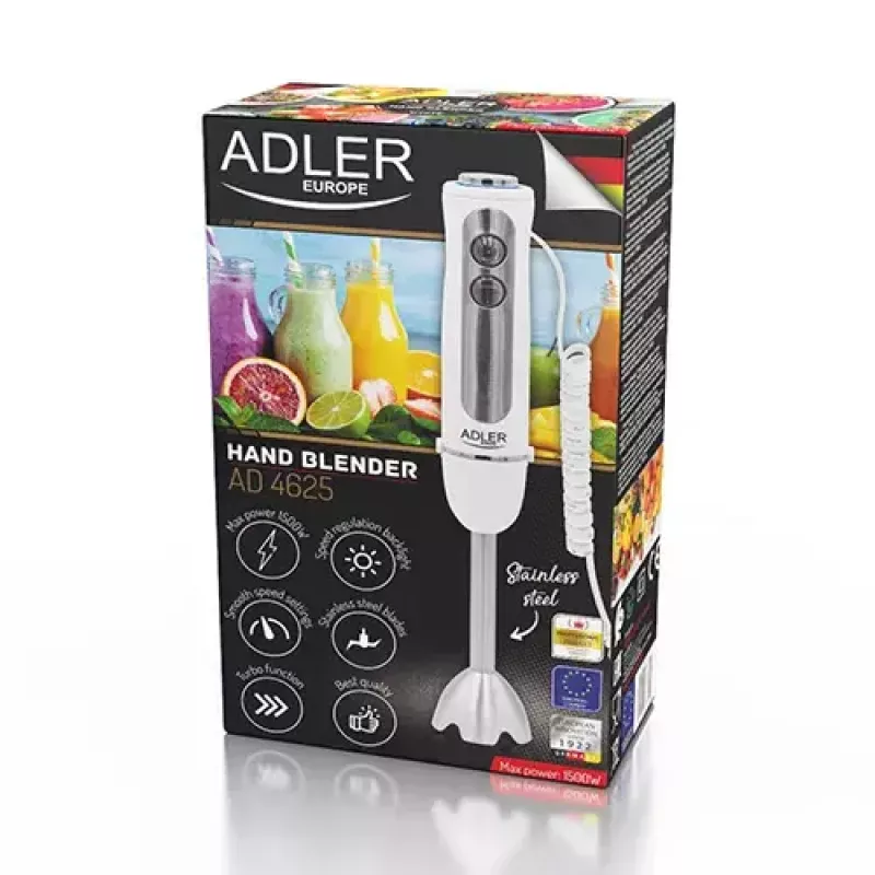 Panardinamasis blenderis Adler AD 4625w — rankinis trintuvas, 5 greičiai, turbo, 1500 W, nerūdijančio plieno peilis, sidabrinis/baltas