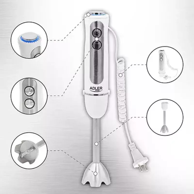 Panardinamasis blenderis Adler AD 4625w — rankinis trintuvas, 5 greičiai, turbo, 1500 W, nerūdijančio plieno peilis, sidabrinis/baltas