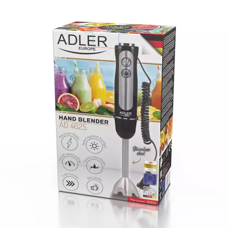 Panardinamasis trintuvas Adler AD 4625B — rankinis trintuvas, 1500 W maks., 850 W nominali, 5 greičių, mechaninis valdymas, turbo, nerūdijančio plieno peilis, juodas
