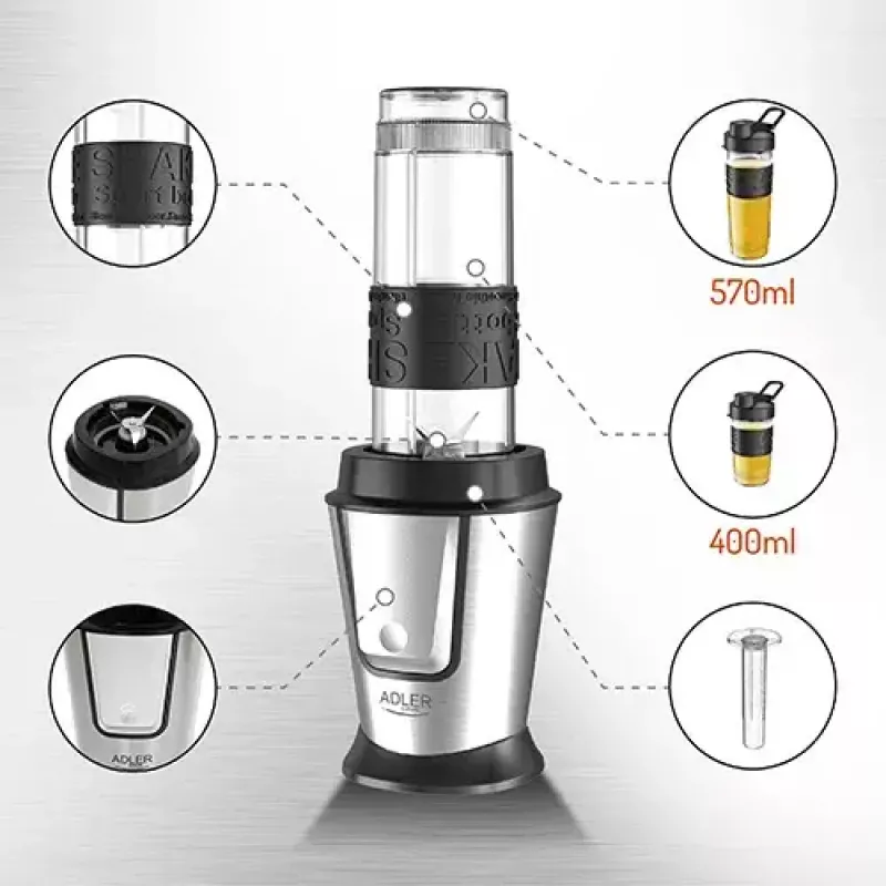 Sport blender Adler AD 4081 — nešiojamasis asmeninis trintuvas, 800 W maks., 0,57 l puodelis, nerūdijančio plieno peilis, 2 buteliai
