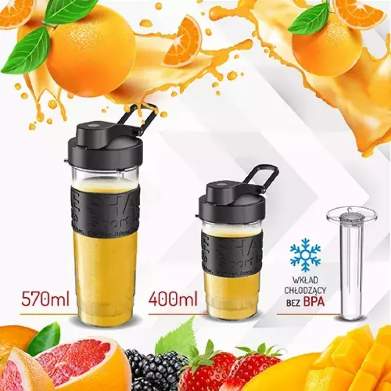 Sport blender Adler AD 4081 — nešiojamasis asmeninis trintuvas, 800 W maks., 0,57 l puodelis, nerūdijančio plieno peilis, 2 buteliai