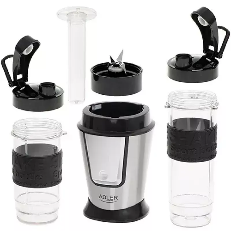 Sport blender Adler AD 4081 — nešiojamasis asmeninis trintuvas, 800 W maks., 0,57 l puodelis, nerūdijančio plieno peilis, 2 buteliai