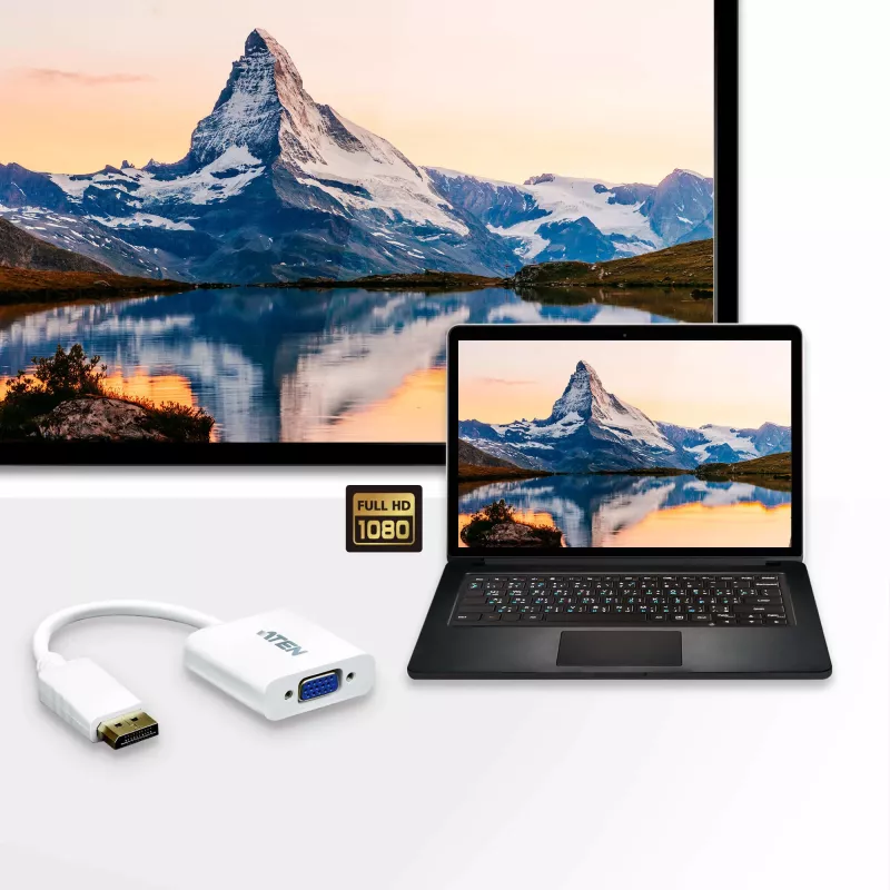 ATEN DisplayPort į VGA keitiklis, Iki 1920x1200 @60Hz, DisplayPort, VGA (D-Sub), Vyr., Mot., Tiesus, Tiesus