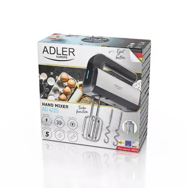 Rankinis plaktuvas Adler AD 4225 — 5 greičiai, turbo, 300 W, inox/sidabrinė-juoda, plakikliai ir tešlos kabliukai