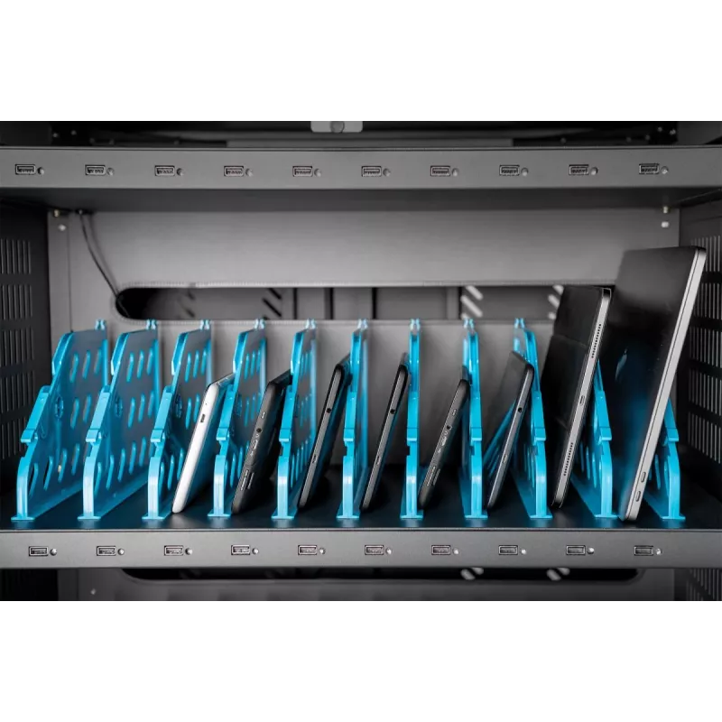 DIGITUS įkrovimo vežimėlis 30 įkrovimo vietų, 15,6 col., juodas 1100 x 700 x 650 mm, su USB, PDU, ventiliatoriumi