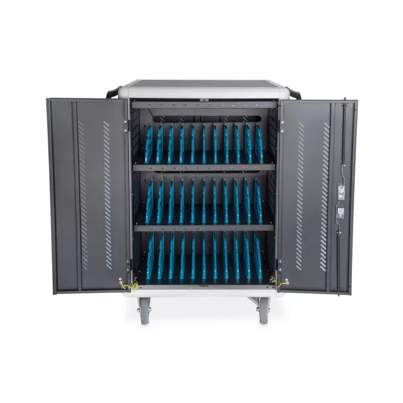 DIGITUS įkrovimo vežimėlis 30 įkrovimo vietų, 15,6 col., juodas 1100 x 700 x 650 mm, su USB, PDU, ventiliatoriumi