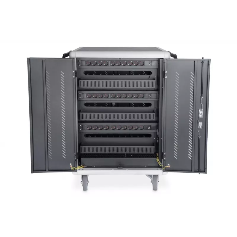 DIGITUS įkrovimo vežimėlis 30 įkrovimo vietų, 15,6 col., juodas 1100 x 700 x 650 mm, su USB, PDU, ventiliatoriumi
