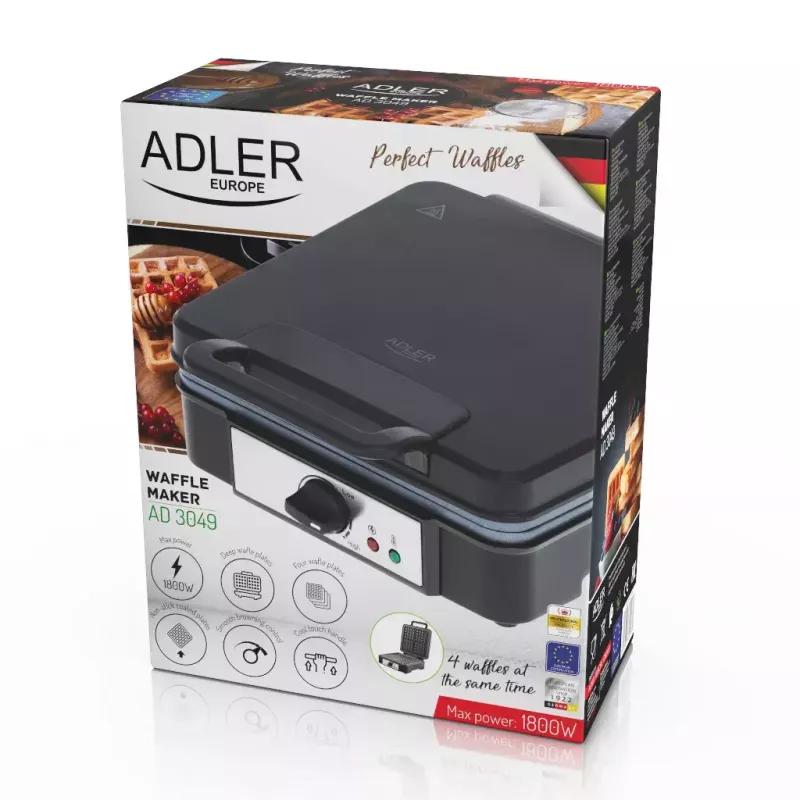 Waffle iron Adler AD 3049, 4 square waffles, non-stick, 1800 W, Juoda