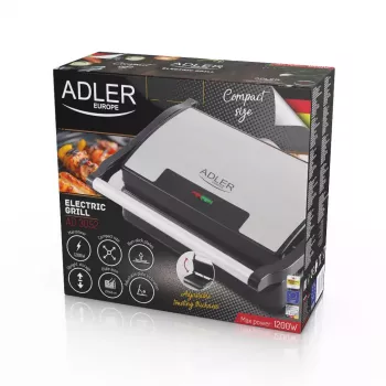Kontaktinis grilis Adler AD 3052 stačiakampis plieno/juodas, 1200 W, grotelės, užrakinamas dangtis