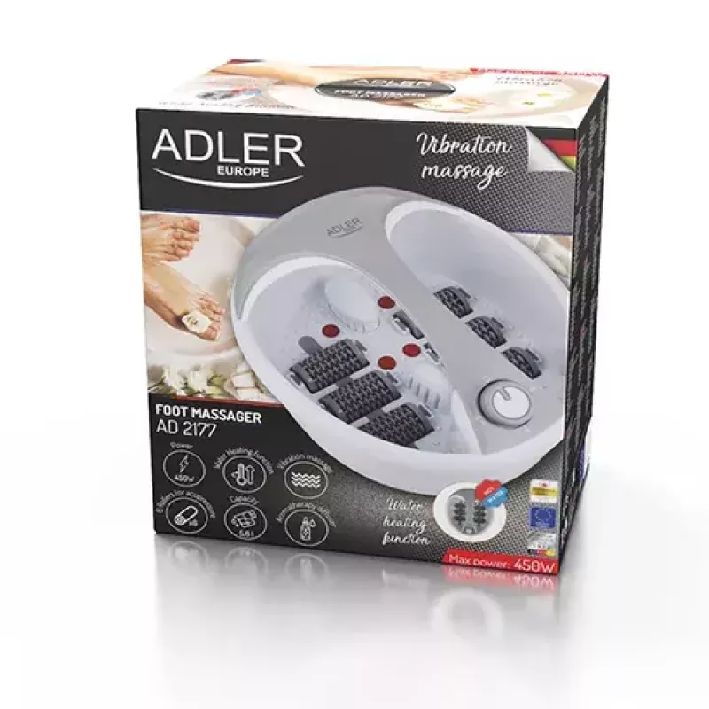Pėdų vonelė Adler AD 2177 — infraraudonųjų spindulių pėdų masažuoklis su šildymu, vibracija, burbuliukais, 450 W galia, 5,6 l talpos bakeliu, ergonomiška rankena