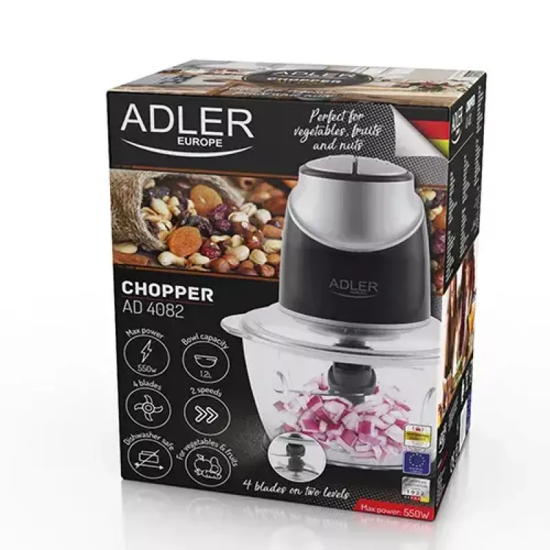Elektrinis maisto smulkintuvas Adler AD 4082, 1,2 l stiklinis dubuo, 300 W, 2 greičiai, impulsinis, nerūdijančio plieno peiliai