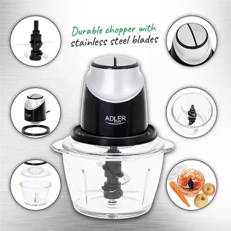 Elektrinis maisto smulkintuvas Adler AD 4082, 1,2 l stiklinis dubuo, 300 W, 2 greičiai, impulsinis, nerūdijančio plieno peiliai