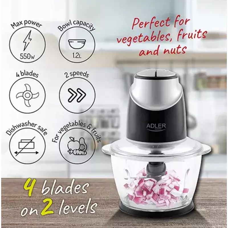 Elektrinis maisto smulkintuvas Adler AD 4082, 1,2 l stiklinis dubuo, 300 W, 2 greičiai, impulsinis, nerūdijančio plieno peiliai