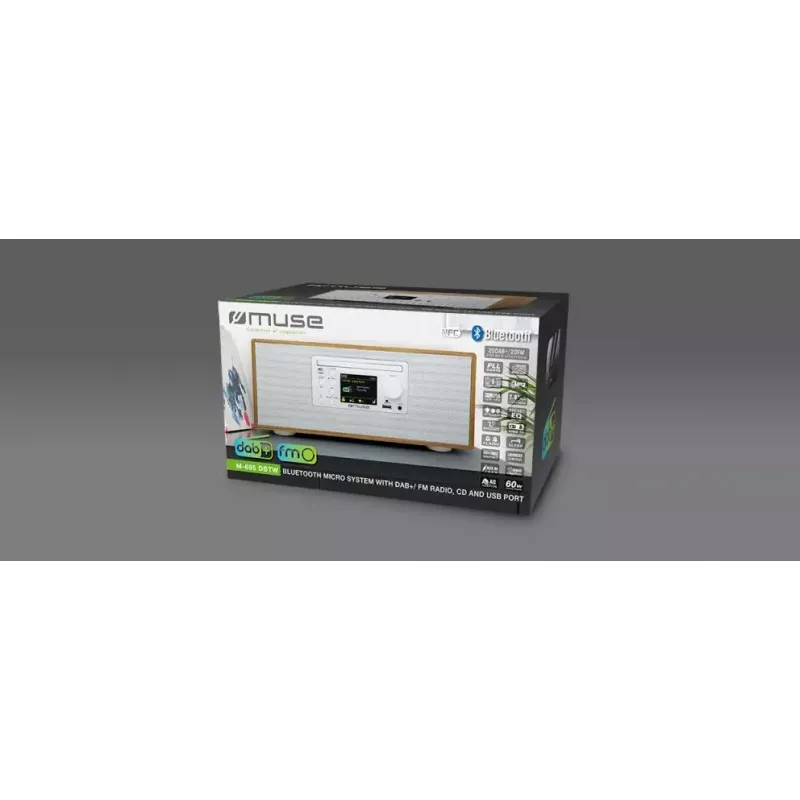 Asmeninis radijo imtuvas Muse M-695 DBTW — DAB/DAB+/FM skaitmeninis tiuneris, 2,8 colio TFT, 60 W RMS, AC/DC, medžio/baltos spalvos