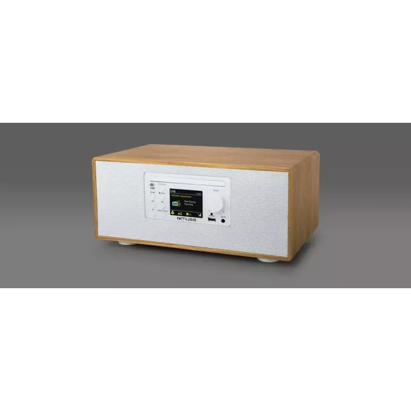 Asmeninis radijo imtuvas Muse M-695 DBTW — DAB/DAB+/FM skaitmeninis tiuneris, 2,8 colio TFT, 60 W RMS, AC/DC, medžio/baltos spalvos