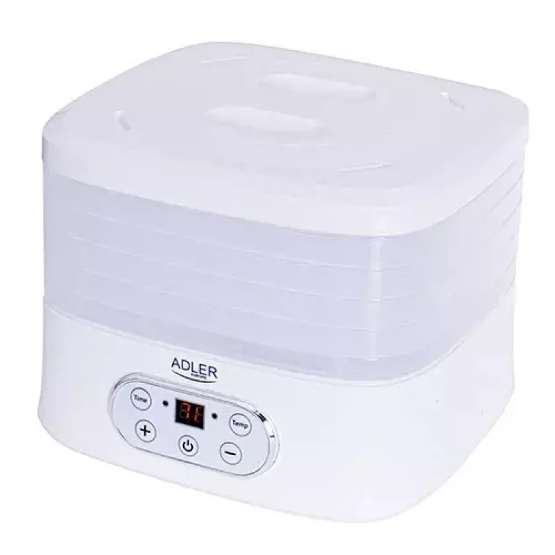 Maisto džiovyklė Adler AD 6658, 5 padėklai, LCD laikmatis 70 val., 35–70°C, 230 W (maks. 550 W), balta