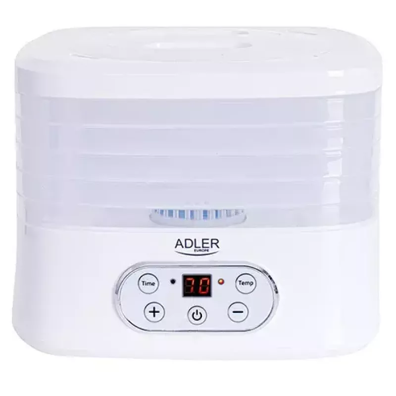 Maisto džiovyklė Adler AD 6658, 5 padėklai, LCD laikmatis 70 val., 35–70°C, 230 W (maks. 550 W), balta