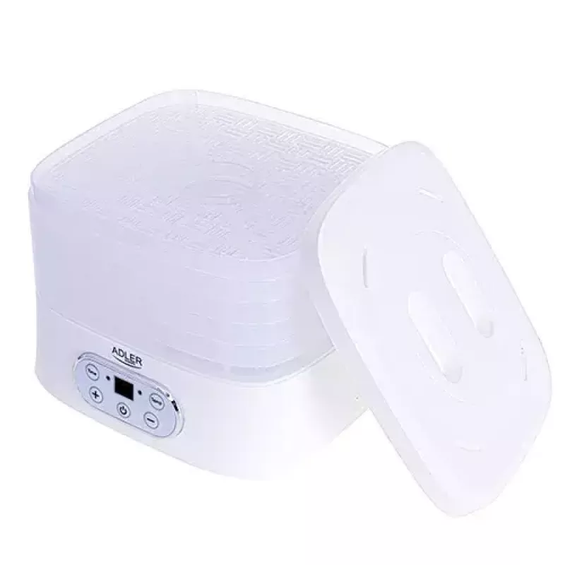 Maisto džiovyklė Adler AD 6658, 5 padėklai, LCD laikmatis 70 val., 35–70°C, 230 W (maks. 550 W), balta