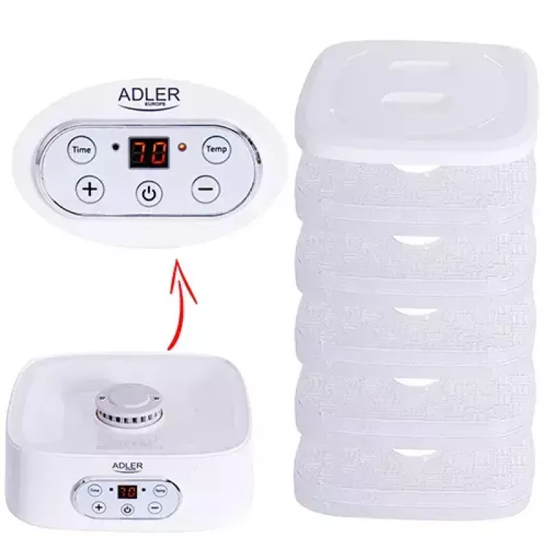 Maisto džiovyklė Adler AD 6658, 5 padėklai, LCD laikmatis 70 val., 35–70°C, 230 W (maks. 550 W), balta