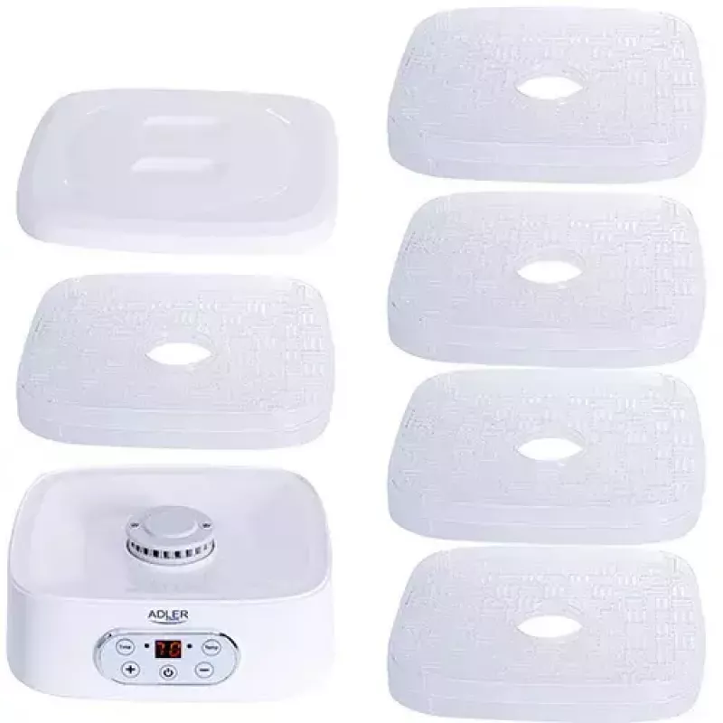 Maisto džiovyklė Adler AD 6658, 5 padėklai, LCD laikmatis 70 val., 35–70°C, 230 W (maks. 550 W), balta