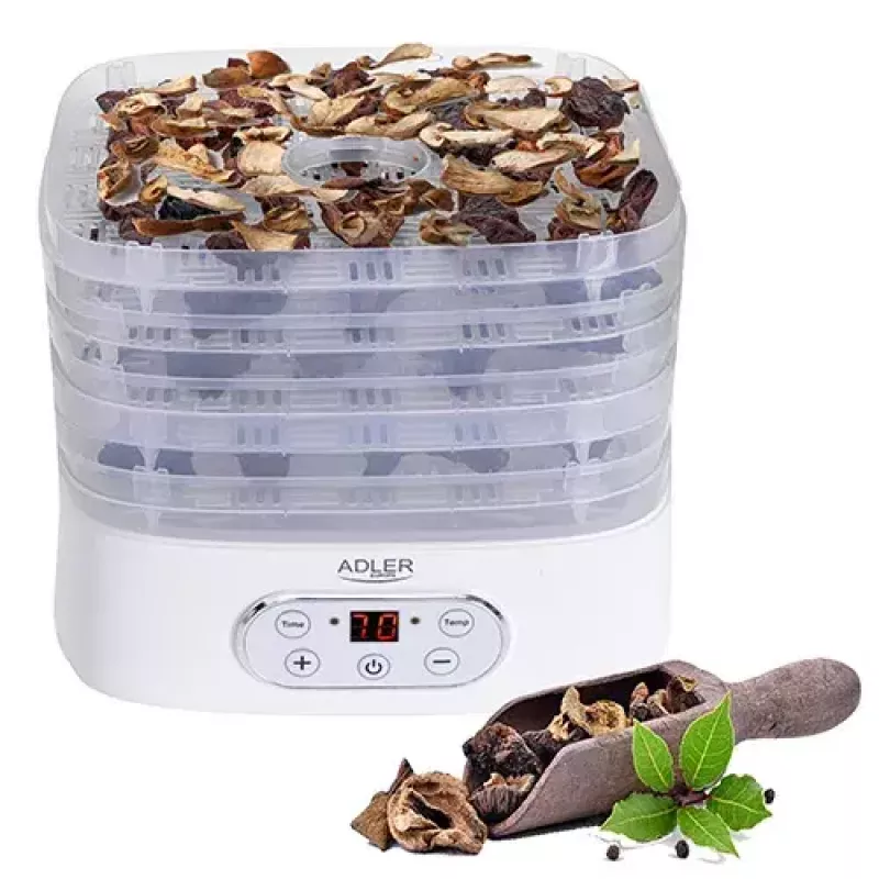 Maisto džiovyklė Adler AD 6658, 5 padėklai, LCD laikmatis 70 val., 35–70°C, 230 W (maks. 550 W), balta