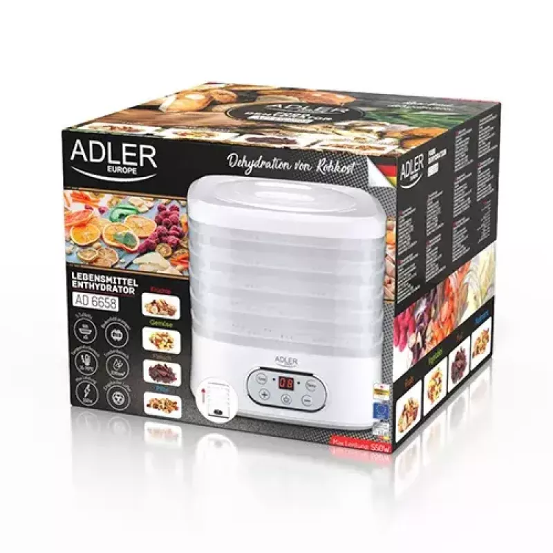 Maisto džiovyklė Adler AD 6658, 5 padėklai, LCD laikmatis 70 val., 35–70°C, 230 W (maks. 550 W), balta