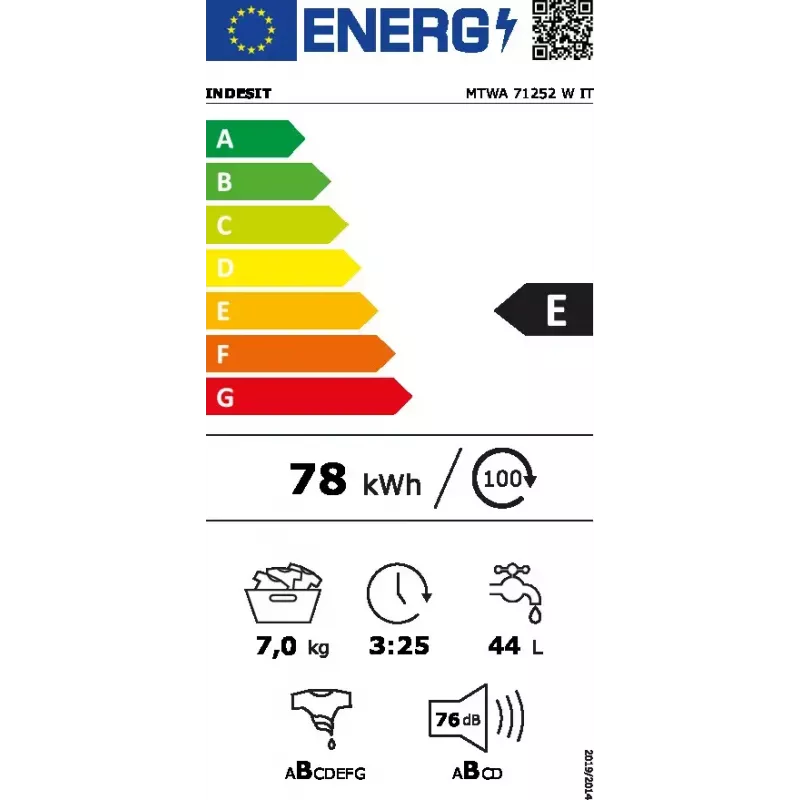 Skalbimo mašina su priekiniu pakrovimu Indesit MTWA 71252 W IT — 7 kg, 1200 aps./min., E klasė, balta