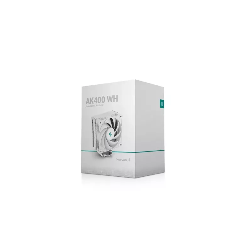 Oro aušintuvas DeepCool AK400 WH — 4×6 mm variniai šilumos vamzdeliai, 120 mm FDB ventiliatorius, 1850 RPM, 66,47 CFM, tinka LGA 1700 ir įprastiems Intel/AMD lizdams, baltas