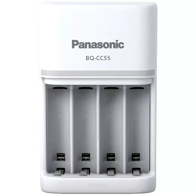 Baterijos įkroviklis Panasonic BQ-CC55E — kompaktiškas NiMH/NiCd įkroviklis AA/AAA įkraunamoms baterijoms
