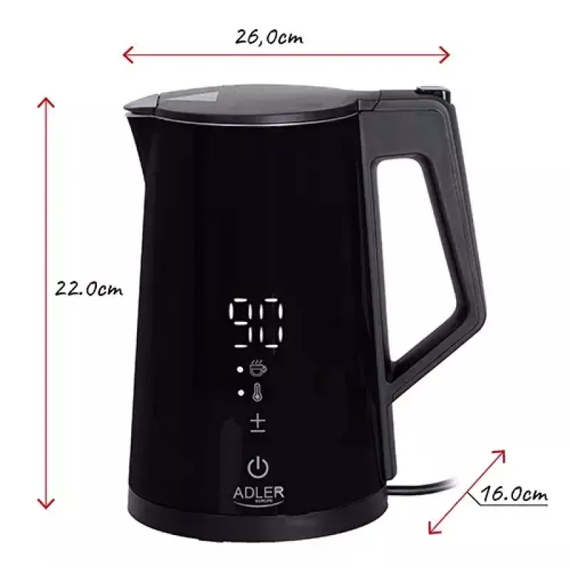 Elektrinis virdulys Adler AD 1345b — 1,7 l talpa, 1850 W, nerūdijantis plienas, juodas