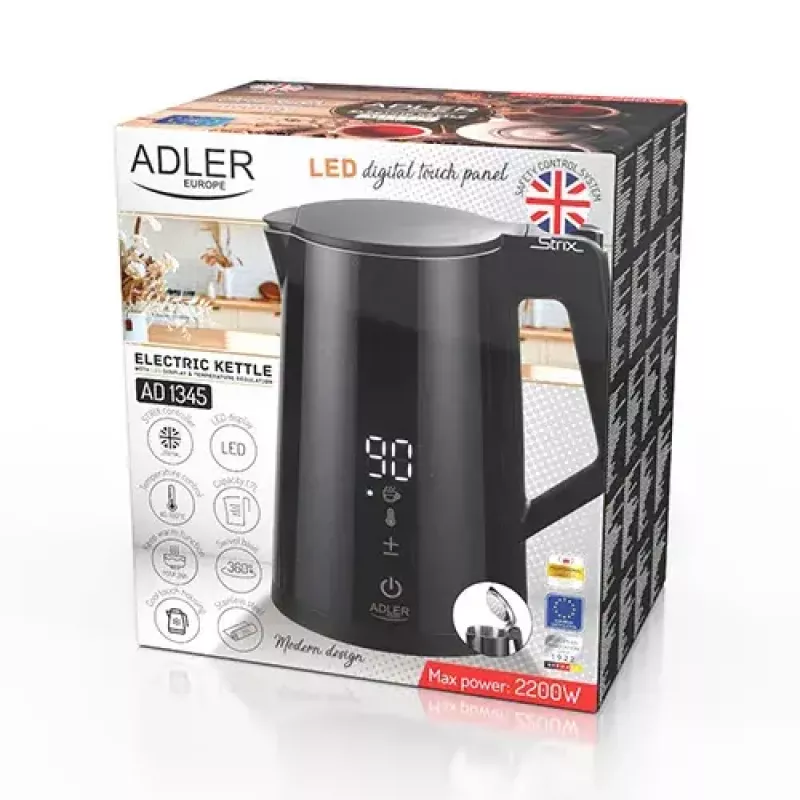 Elektrinis virdulys Adler AD 1345b — 1,7 l talpa, 1850 W, nerūdijantis plienas, juodas