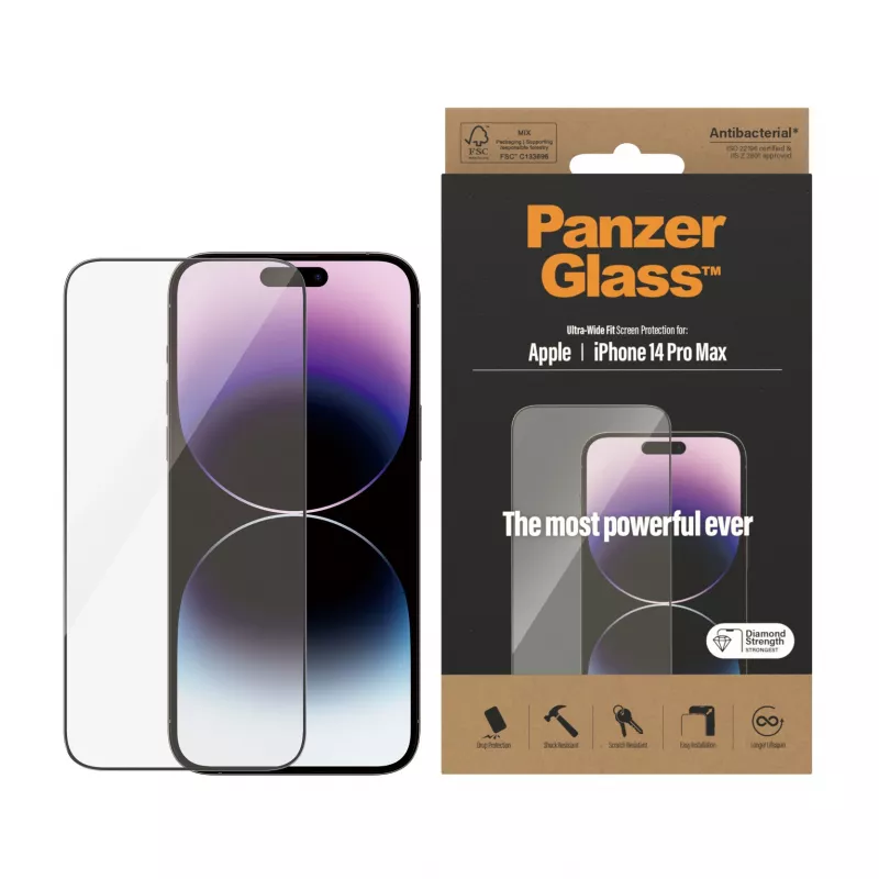 Ekrano apsauga PanzerGlass Apple iPhone 14 Pro Max Ultra-Wide Fit, atspari įbrėžimams ir smūgiams