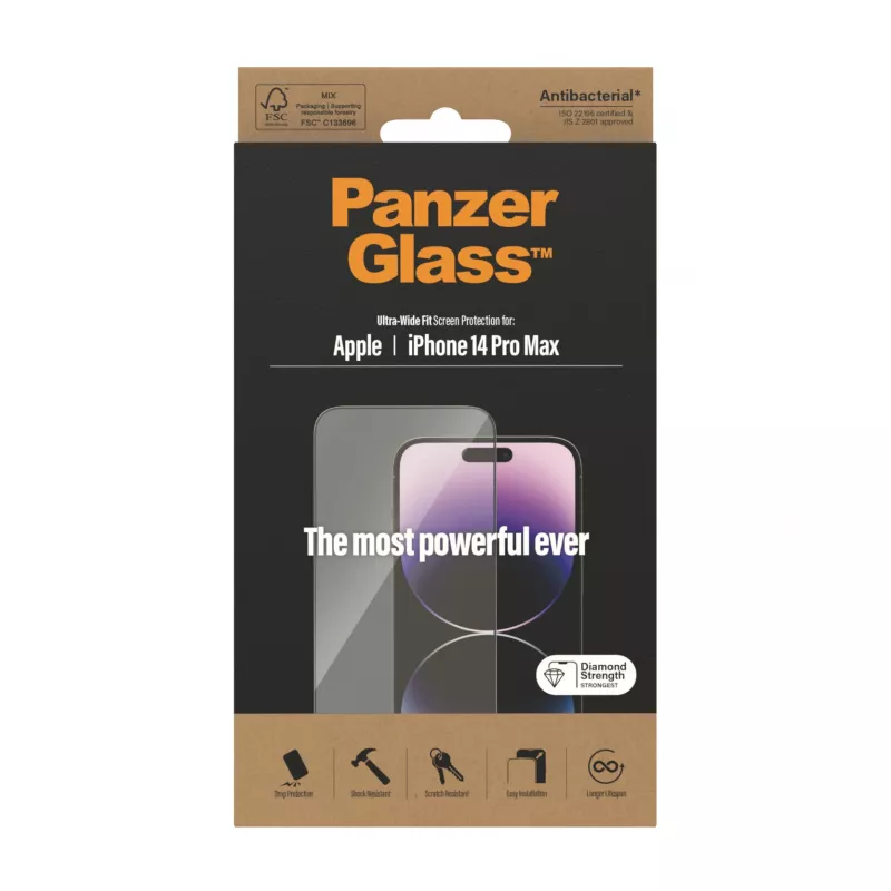 Ekrano apsauga PanzerGlass Apple iPhone 14 Pro Max Ultra-Wide Fit, atspari įbrėžimams ir smūgiams