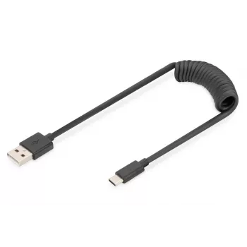Digitus USB 2.0 USB A – USB C spiralinis laidas 1m 0.48 Gbit/s juodas
