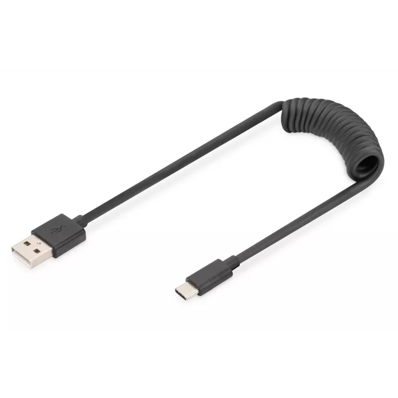 Digitus USB 2.0 USB A – USB C spiralinis laidas 1m 0.48 Gbit/s juodas