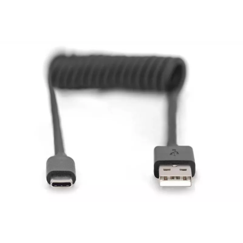 Digitus USB 2.0 USB A – USB C spiralinis laidas 1m 0.48 Gbit/s juodas