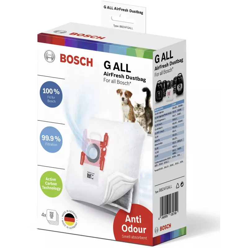 Dulkių maišelis cilindriniam dulkių siurbliui Bosch BBZAFGALL — 4 vnt., baltas, 240×75×165 mm, 100 g vienas